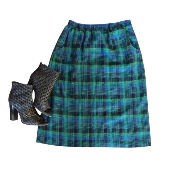 VTG Green Blue Plaid High Rise Pull On Wool Blend Midi Skirt Size 14 (*Large) - Picture 9 of 15